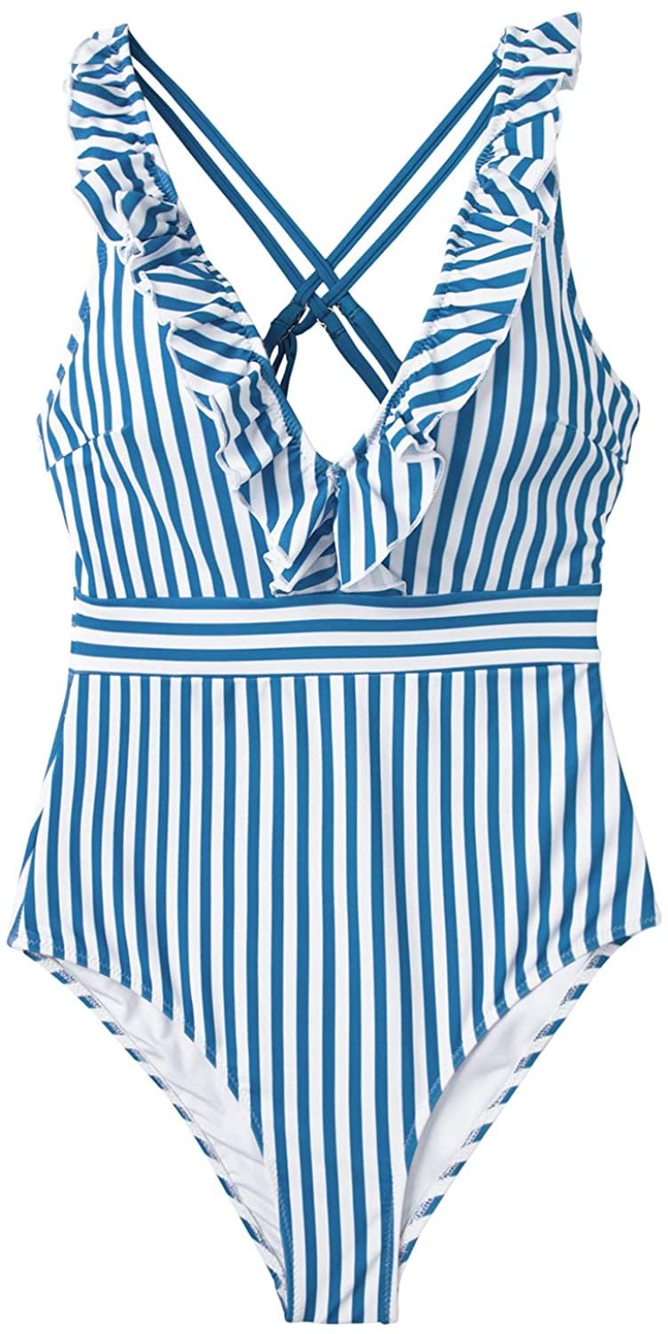 Women's V Neck One Piece Swimsuit Ruffled Back Cross Swimwear