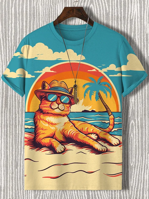 Men's Island Beach Holiday Cat Art Print Casual T-Shirt