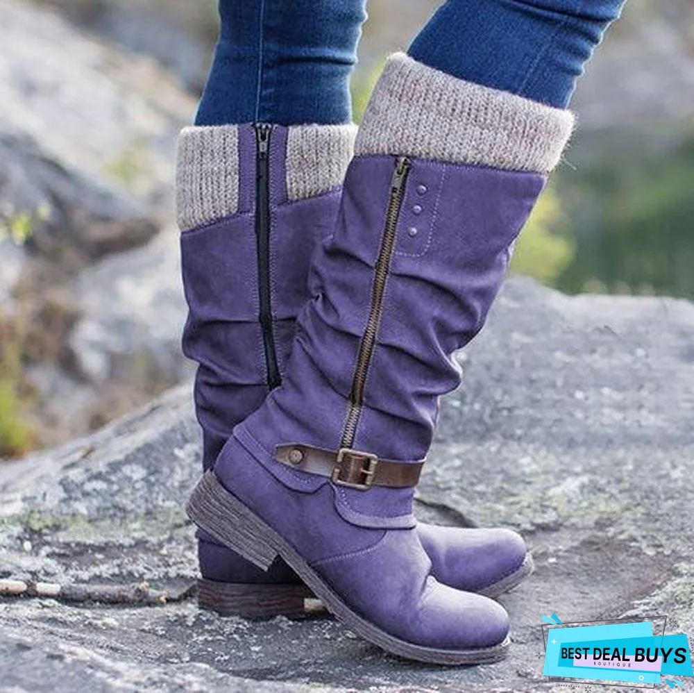 Women Casual Winter Knitted Zipper Mid Calf Boots