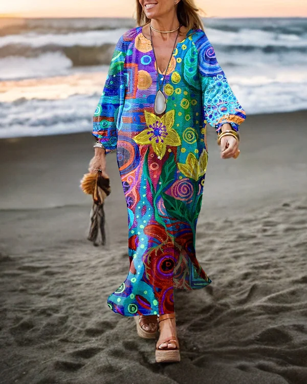 Vintage Floral Abstract Art Long Sleeve Cardigan Maxi Dress