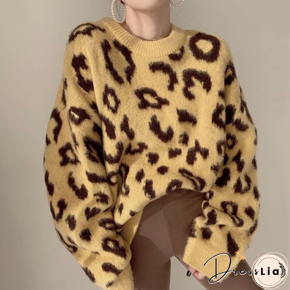 Streetwear Women Vintage Leopard Sweaters Pullovers Autumn Winter Fashion Harajuku Loose O-Neck Lazy Wind Korean Y2k Tops