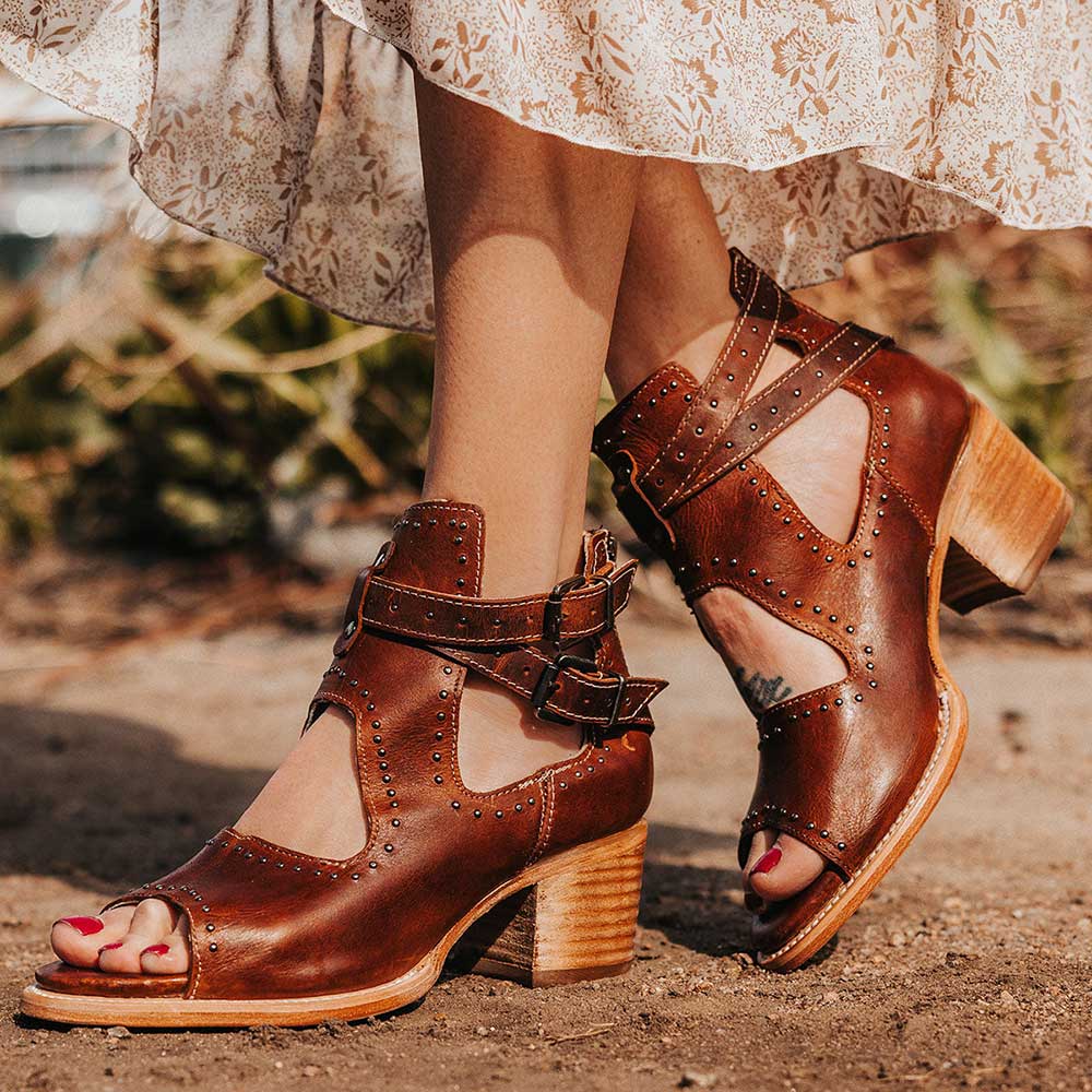 Brown Open-Toe Cut-Out Buckle Strap Studded Sandal Booties for Women Nicepairs