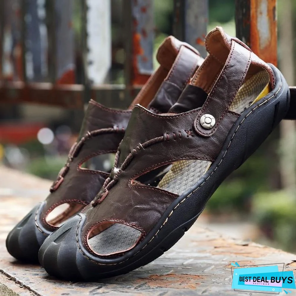 Mens Genuine Split Leather Beach Sandals Sneakers Men Slippers Flip Flops Summer Shoes