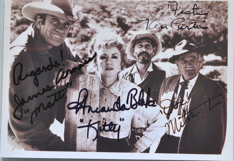 GUNSMOKE CAST SIGNED Photo Poster painting x4 James Arness, Milburn Stone, Amanda Blake, Ken Curtis wcoa