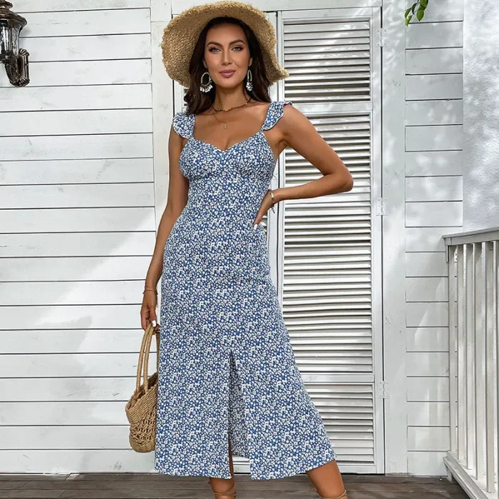 Women Fashion Print Party Slit Slip Midi Dress