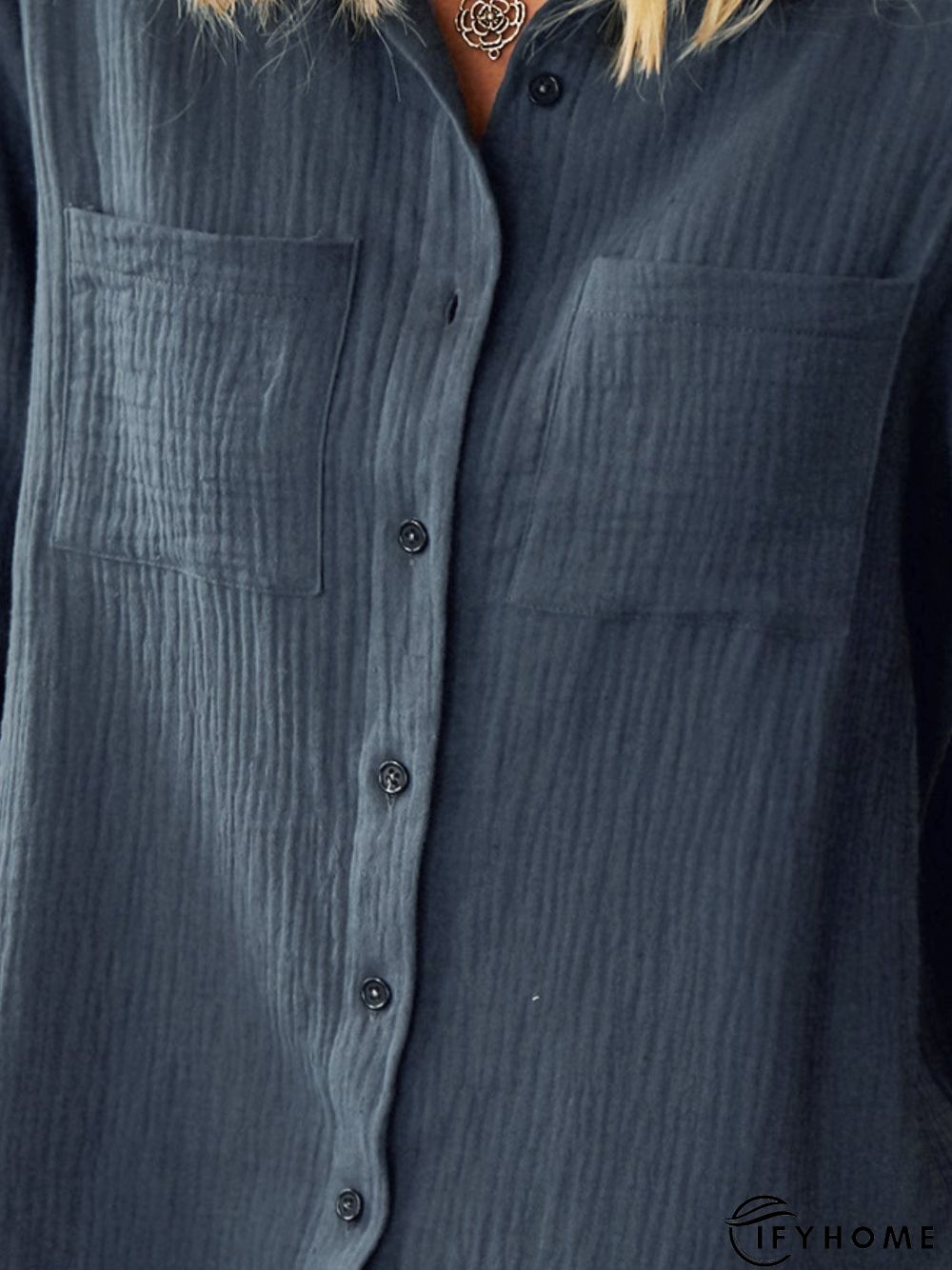 Navy Blue Long Sleeve Cotton Tunic Blouse | IFYHOME