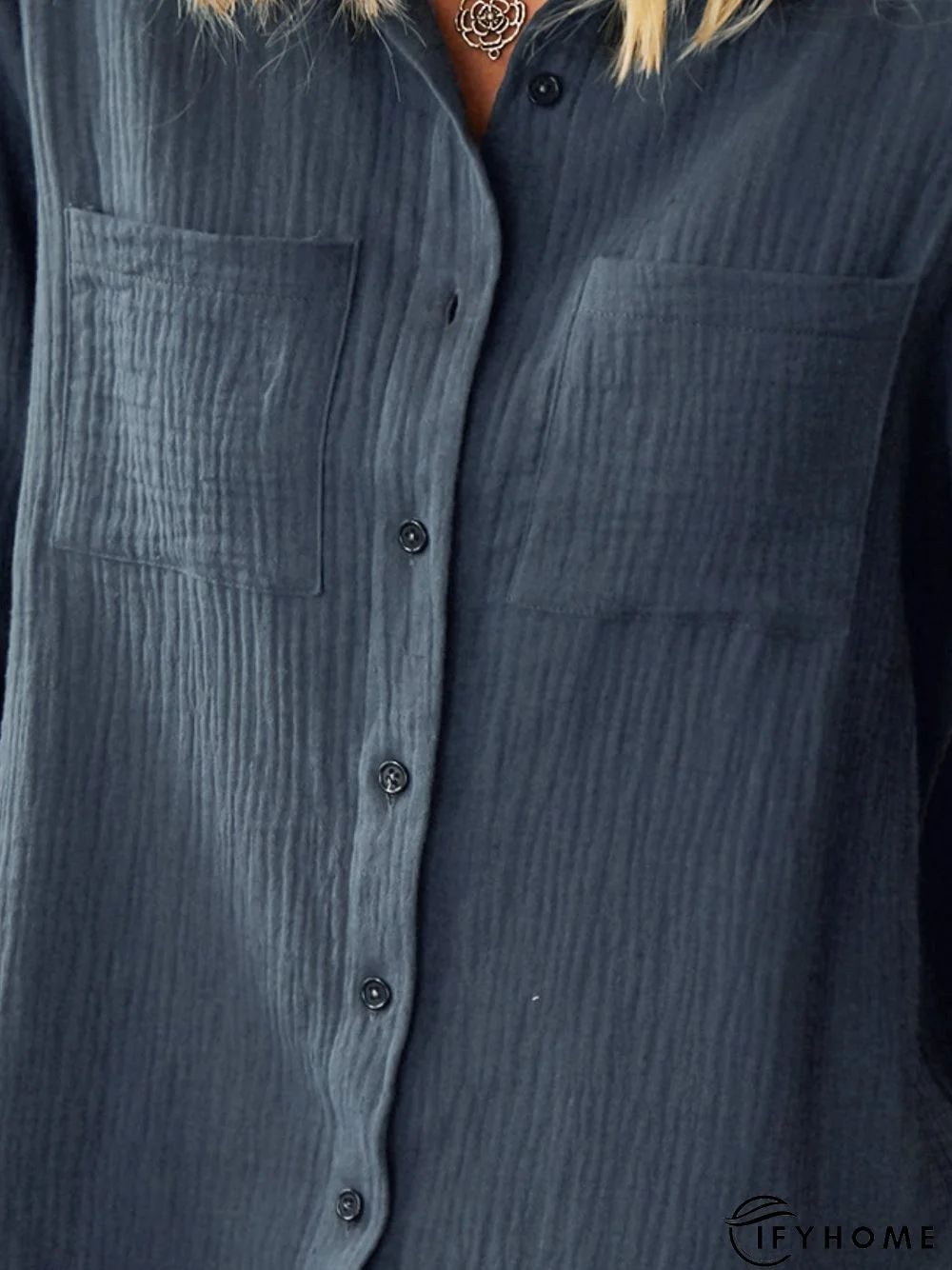 Navy Blue Long Sleeve Cotton Tunic Blouse | IFYHOME