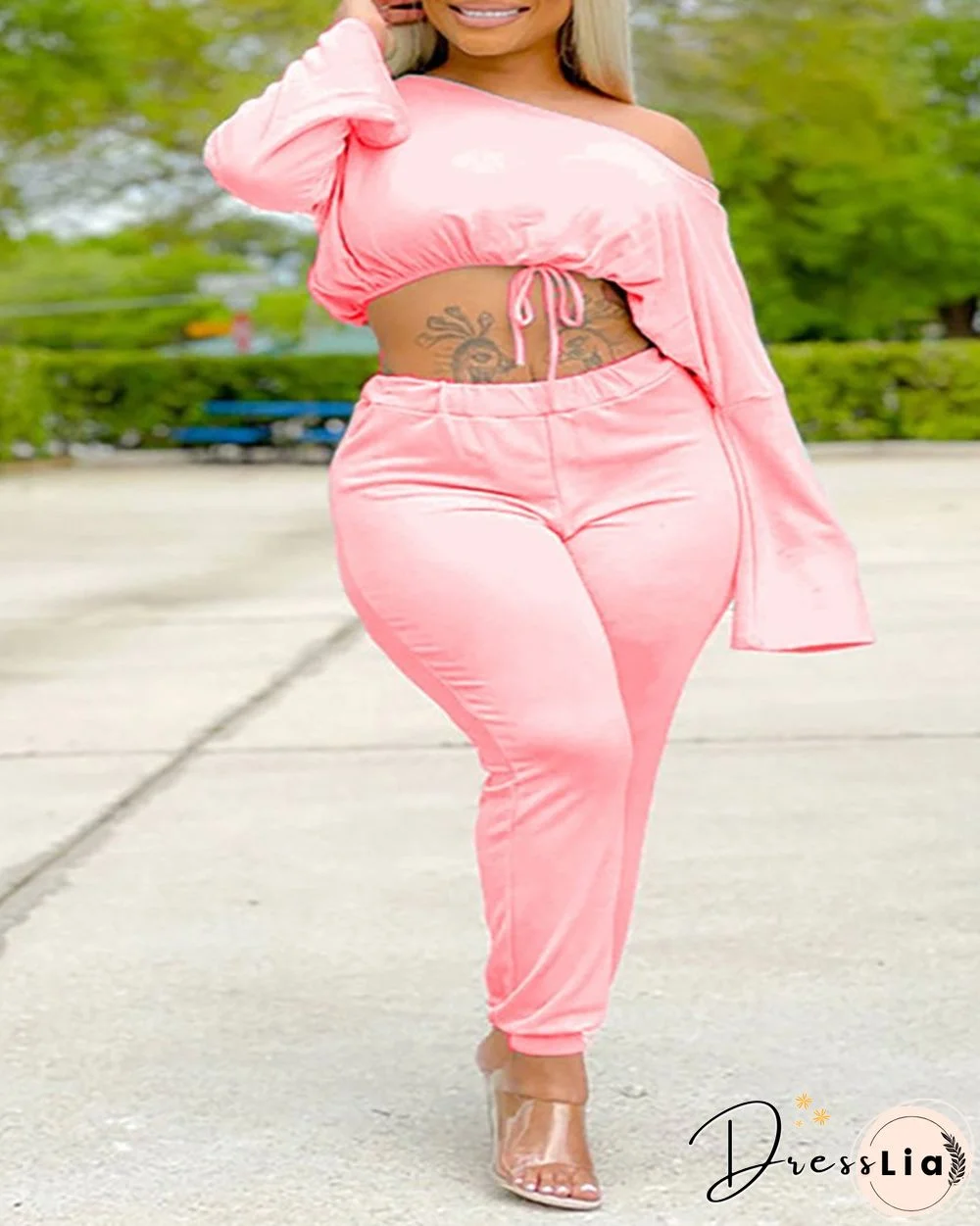 One Shoulder Bell Sleeve Crop Top & Pants Set