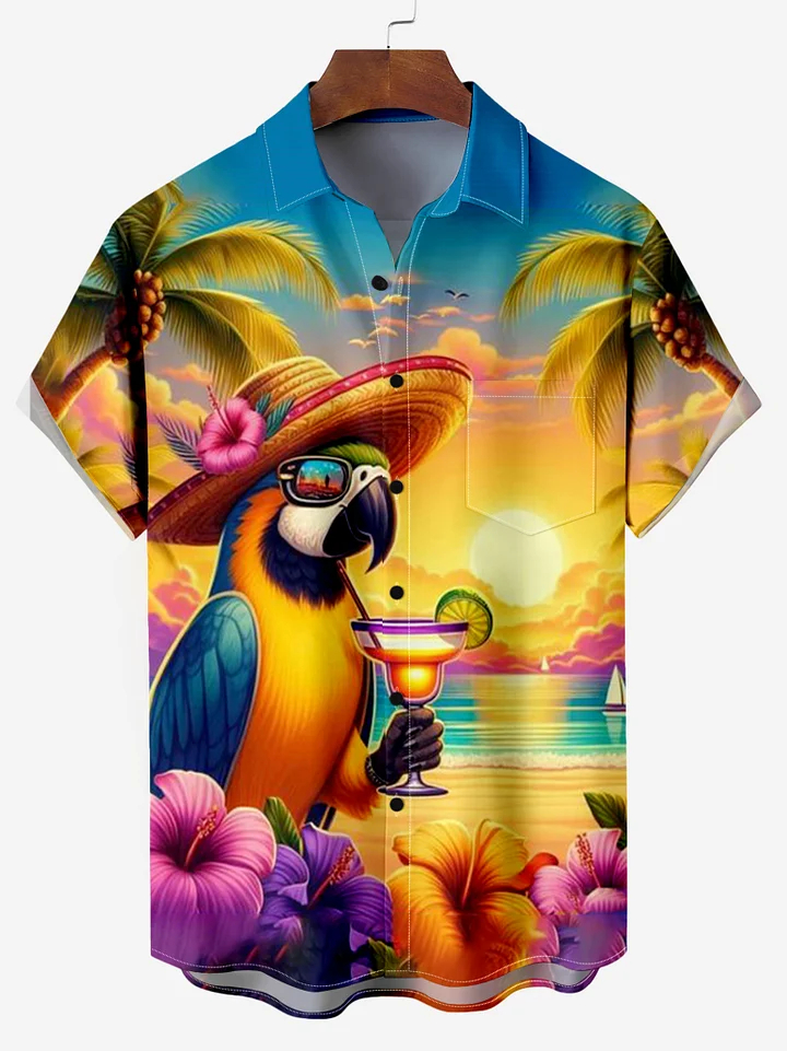 Hawaii Beach Vacation Parrot Cocktail Party Short Sleeve Shirt PLUSCLOTHESMAN