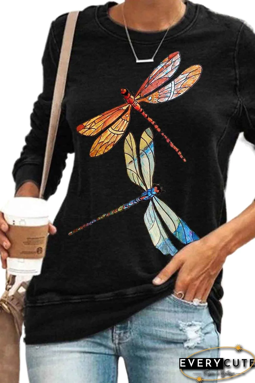 Black Round Neck Long Sleeve Dragonfly Print Sweatshirt