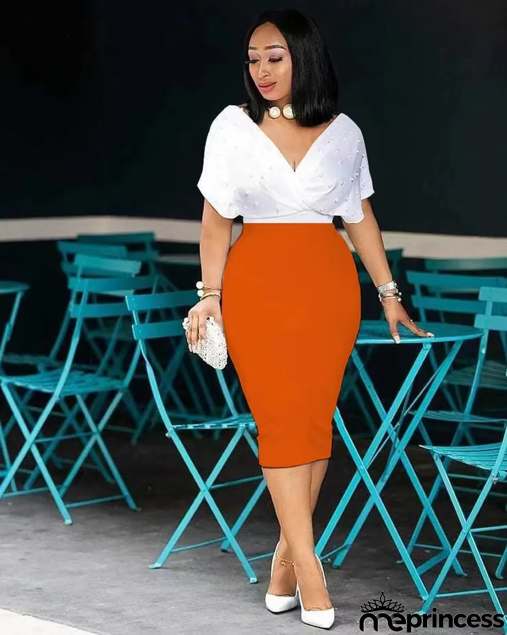 High Waist V Neck Beaded Batwing Sleeve Midi Dress
