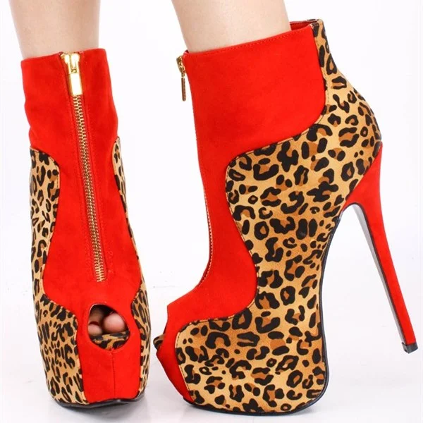 Brown & Red Leopard Print Platform Boots Peep Toe Zipper Ankle Boots |FSJ Shoes