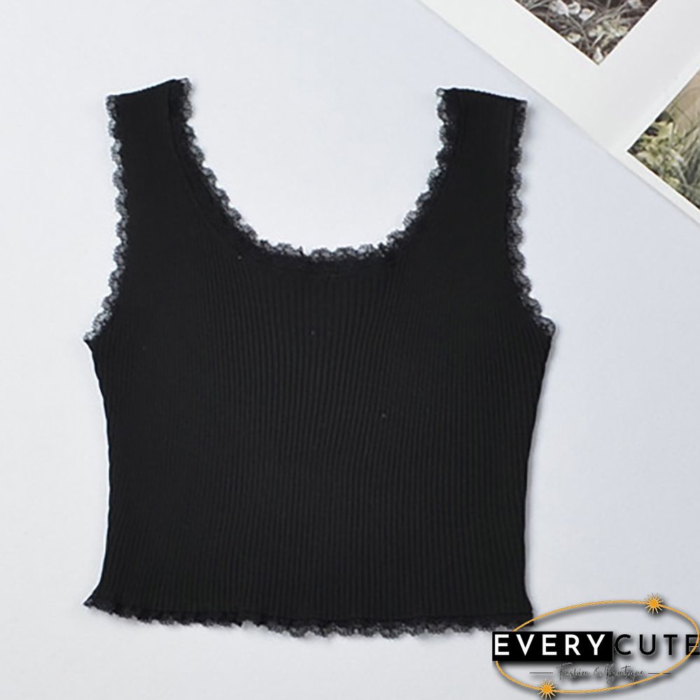 Ace Trim Tank Top Solid Color Knit Bottoming Vests Fashion Trendy Womens Camisoles Crop Top