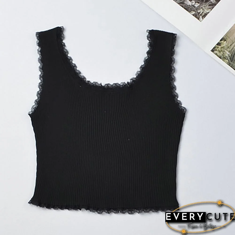 Ace Trim Tank Top Solid Color Knit Bottoming Vests Fashion Trendy Womens Camisoles Crop Top