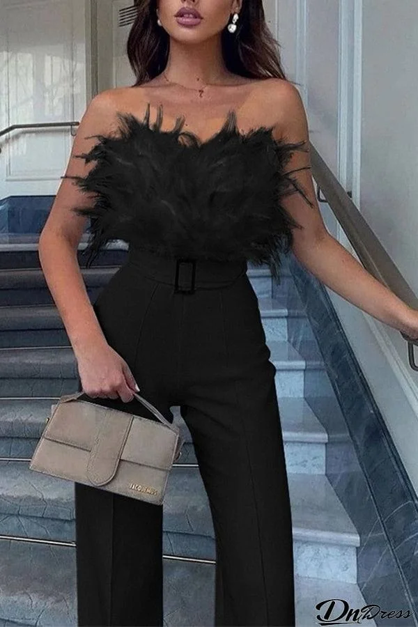 Fashion feather tube top sexy jumpsuit