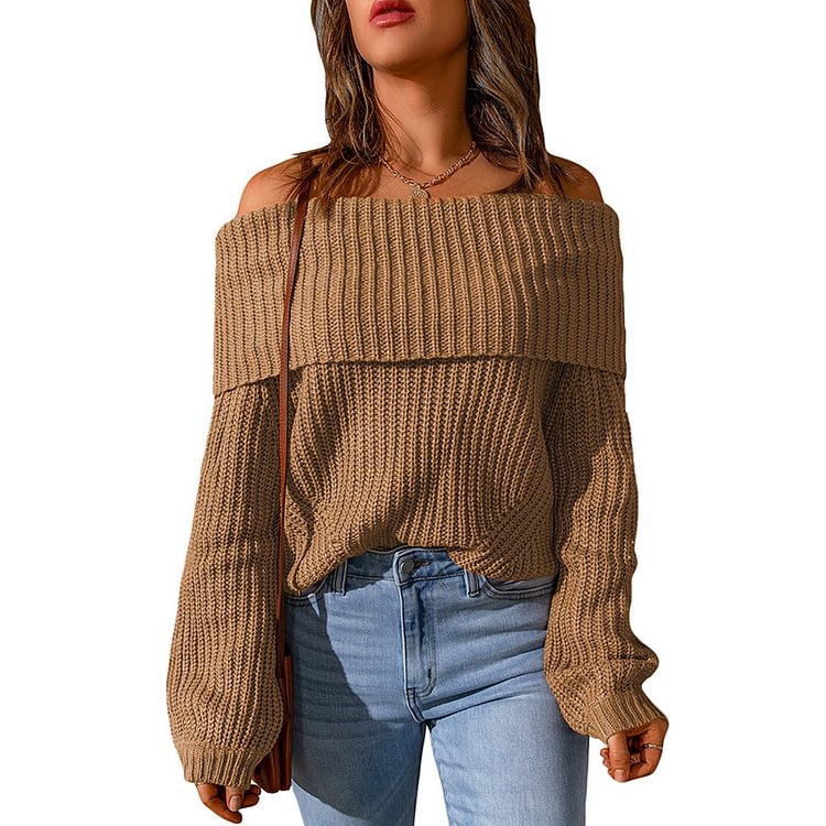 A full-length, off-the-shoulder, solid-color sweater for women