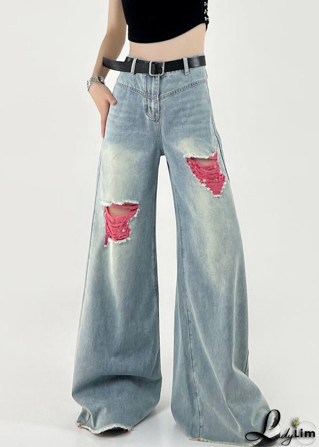 Boutique Pink Patchwork Ripped Denim Wide Leg Pants Fall
