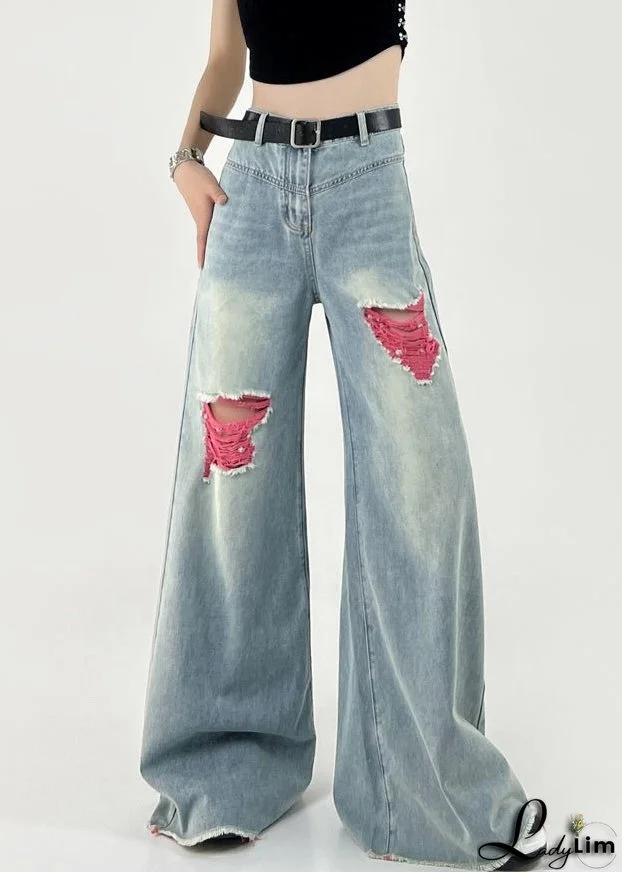 Boutique Pink Patchwork Ripped Denim Wide Leg Pants Fall