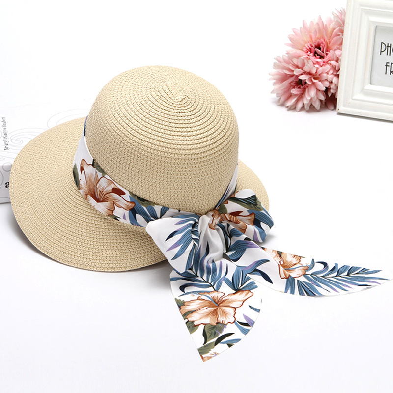 Vacation Pink Floral Print Bow Wide Eaves Straw Hat 2024 - Flycurvy 