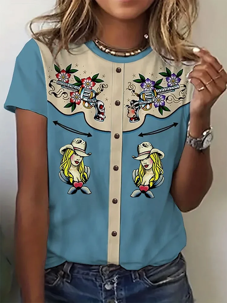 Gun & Cowgirl O-Neck T-Shirt Tee - Blue