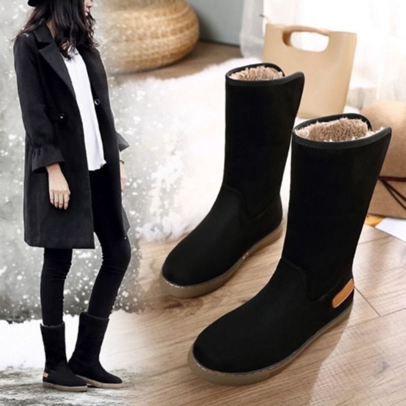 Snow Boots Woman,Thick Bottom Platforms Plush Winter Shoes,Mid-calf Botas,Round Toe,Warm Cotton Shoe.BLACK,Dropshipping