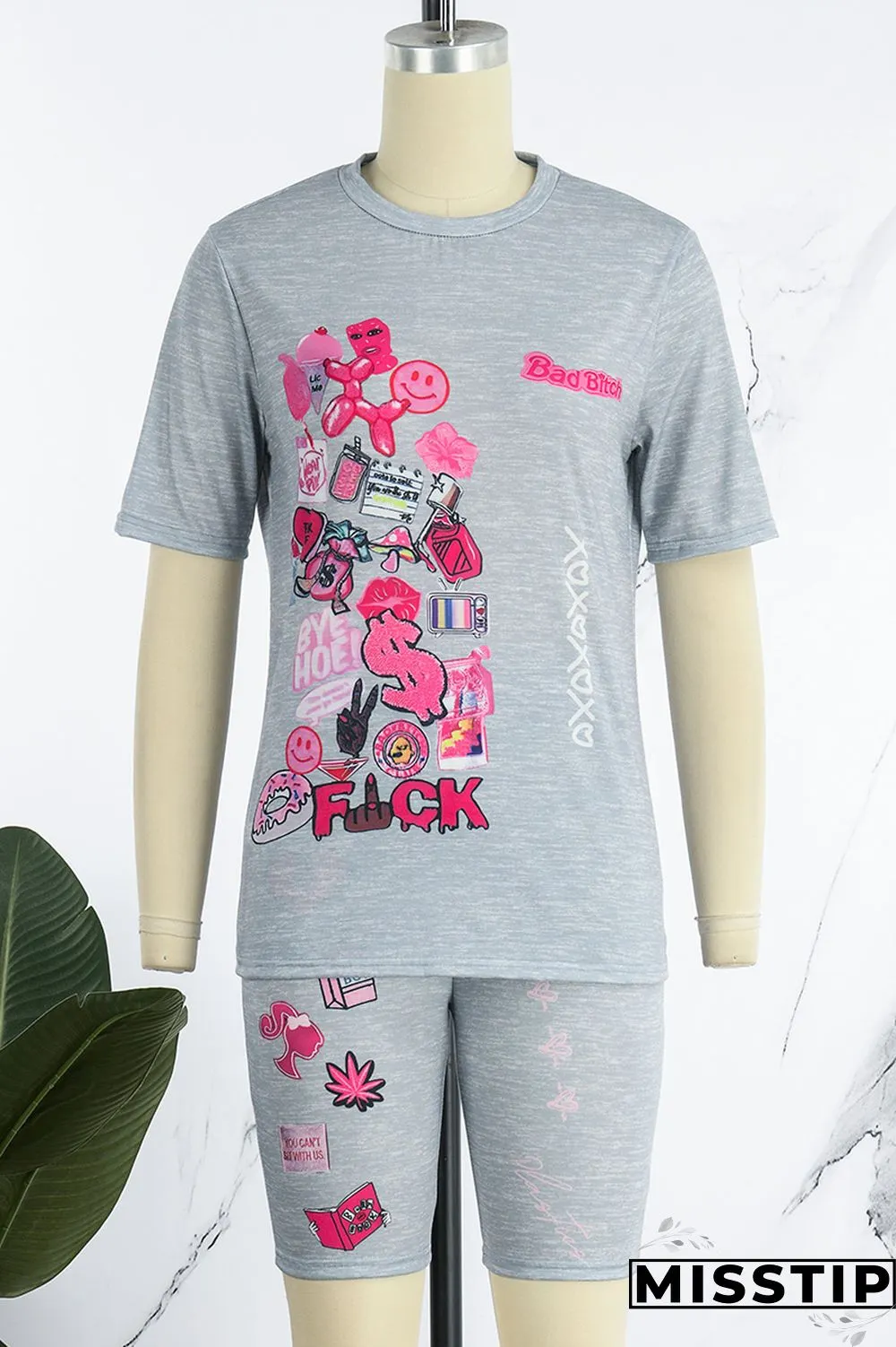 Grey Casual Print Basic O Neck Short Sleeve Two Pieces