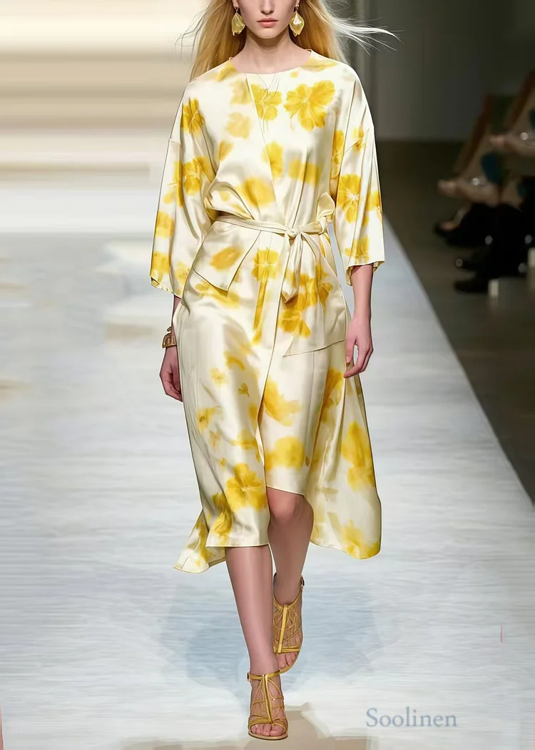 French Apricot Asymmetrical Print Silk Work Dresses Spring