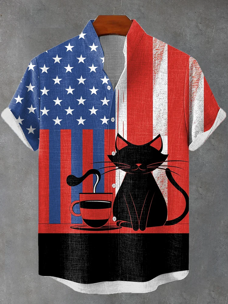 Men's Fun Coffee Black Cat Flag Contrast Art Linen Blend Shirt