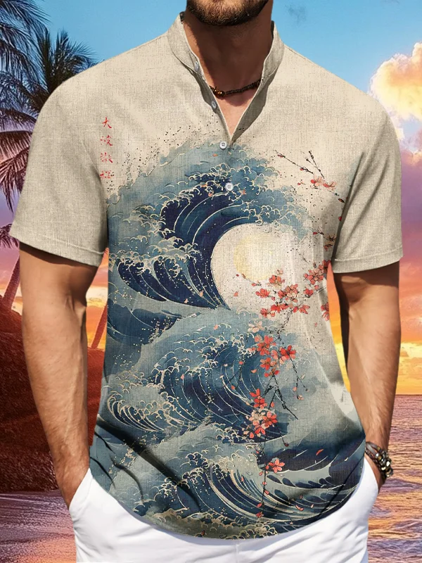 Men's Ocean Waves And Cherry Blossoms Watercolor Art Print Half Button Shirt