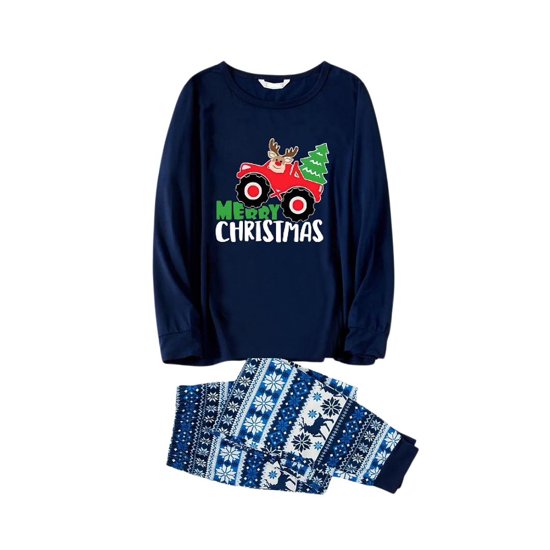 Driving Elk Cartoon Pattern Blue Family Christmas Matching Pajamas
