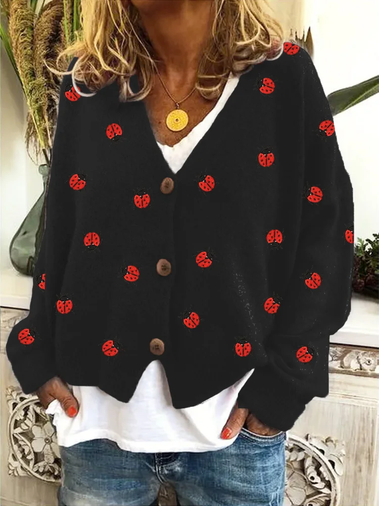 Comstylish Ladybug Insect Embroidery Cozy Knit Cardigan