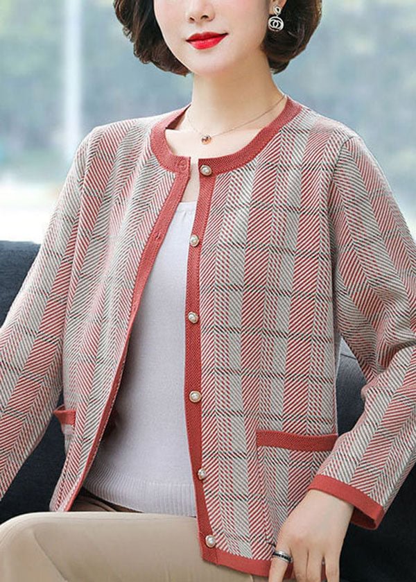 Beautiful Red O-Neck Pockets Plaid Knit Coat Long Sleeve