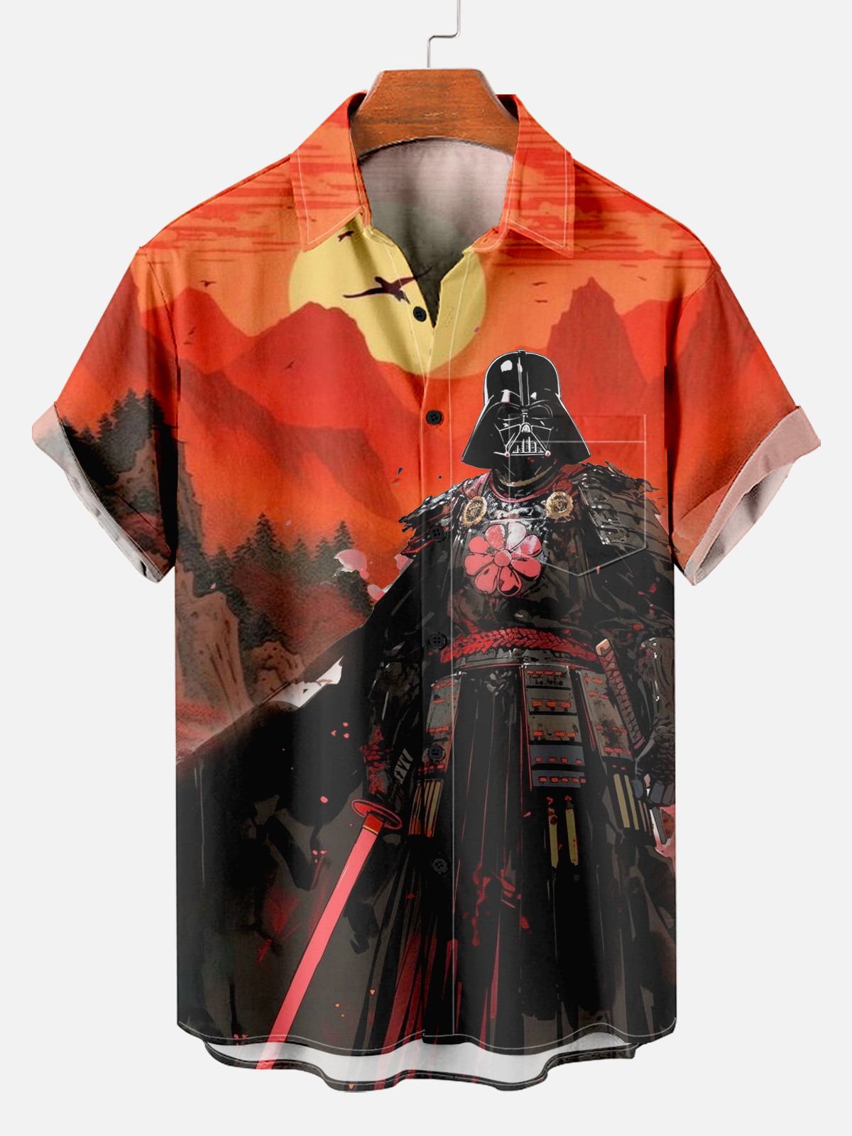 Men's Retro Casual Lightsaber Warrior Landscape Print Shirt PLUSCLOTHESMAN