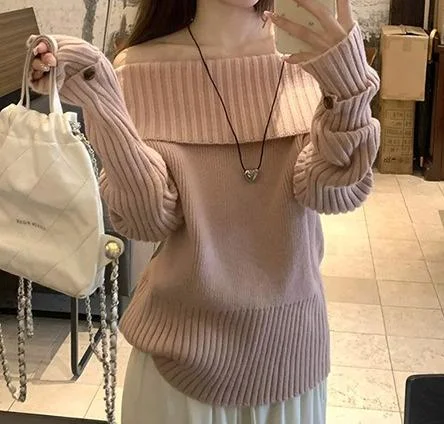 Aonga Kawaii Harajuku casual solid color women's pullover sweater Y2K fashion all-match vintage street cute sweet one-shoulder sweater aonga
