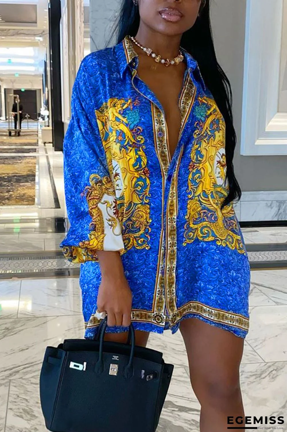 Blue Casual Print Patchwork Buckle Turndown Collar Shirt Dress Plus Size Dresses | EGEMISS