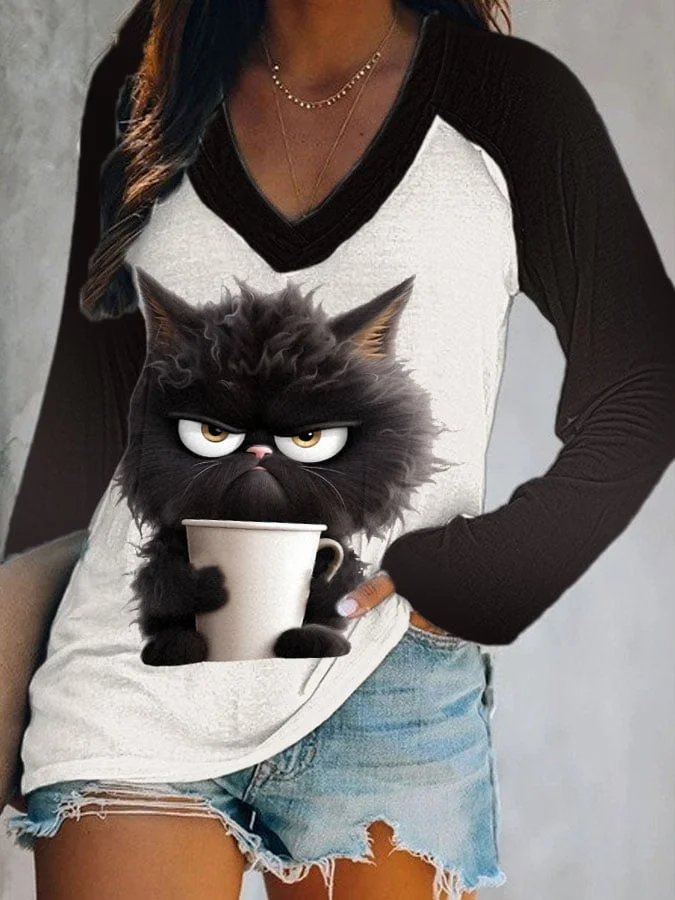 Women's Winter Funny Cute Wonderland Clothingl Clipart Cat Coffee Print Long Sleeve V-Neck Top