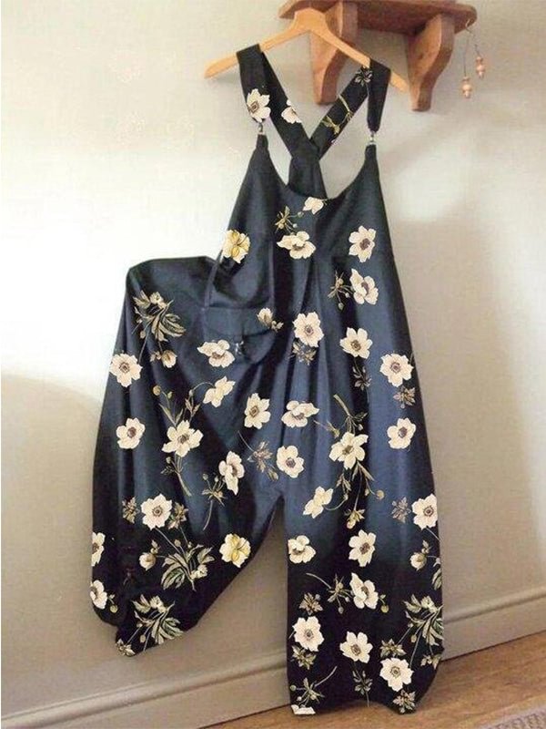 Women's Flower Print Sling Loose Casual Jumpsuit