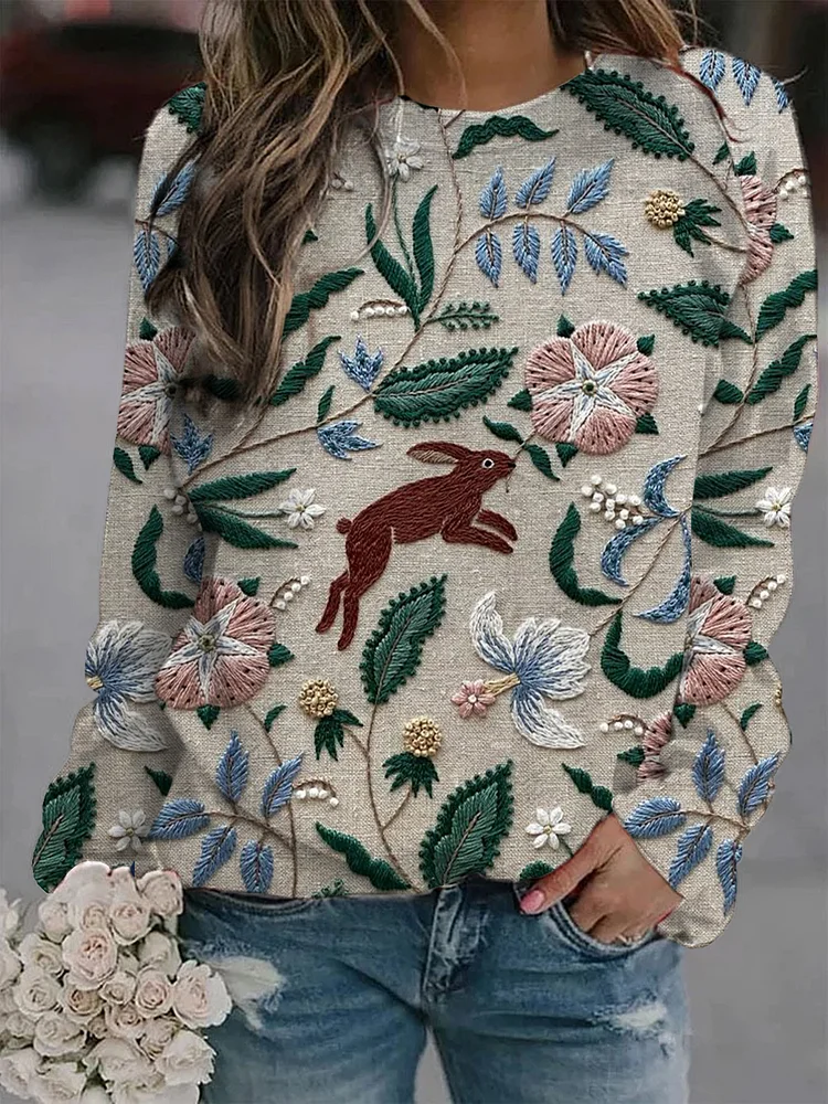 Women's Embroidery Colorblock Rabbit And Flower Art Print Casual Sweatshirt