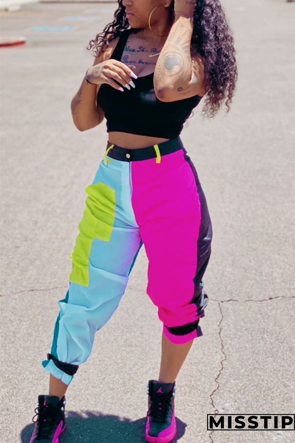 Blue Zipper Fly Mid Patchwork Straight Capris Bottoms