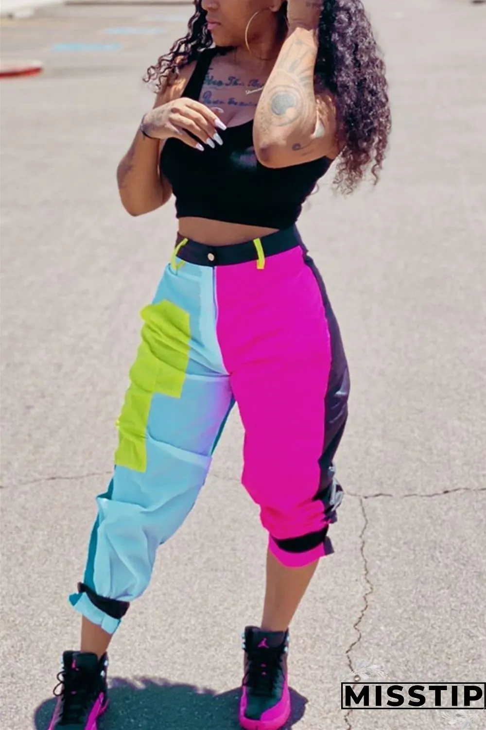Blue Zipper Fly Mid Patchwork Straight Capris Bottoms