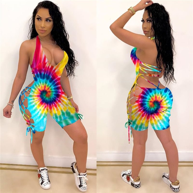 2020 Women Summer Bodysuits Sexy Backless Halter Tie-dye Print Rompers Street Night Club Party Jumpsuits One Piece Outfit