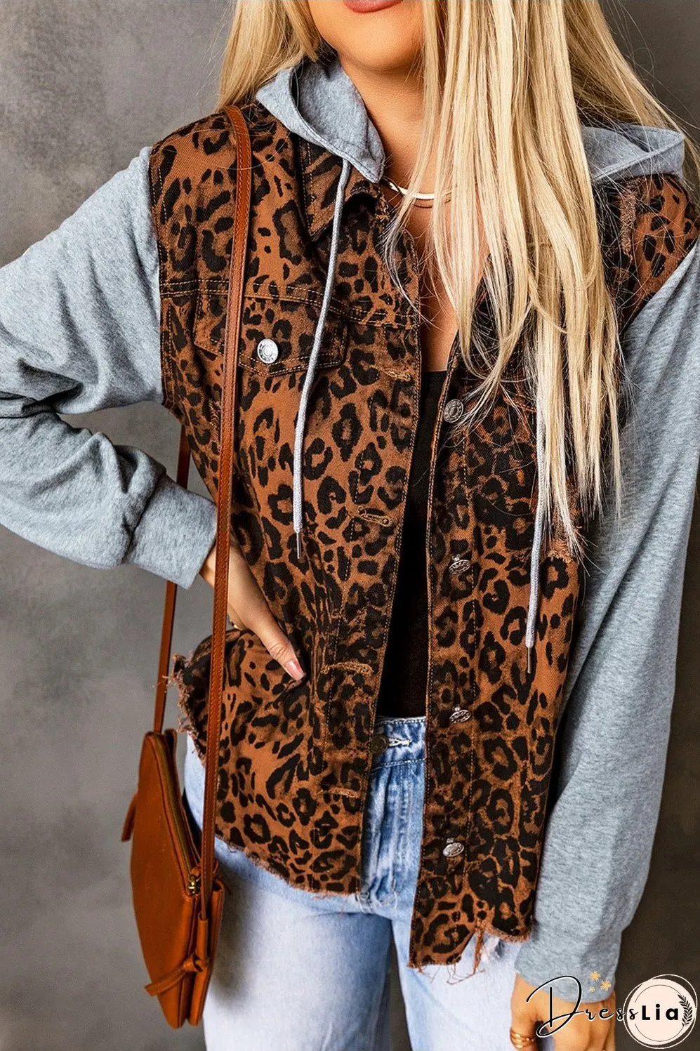 Leopard Distressed Drawstring Hooded Denim Jacket