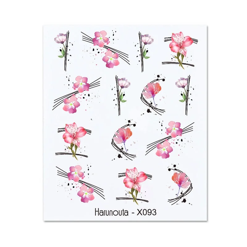 Harunouta Water Decals Ink Blooming Flower Leaves Transfer Nail Stickers Butterfly Love Heart Design Slider Watermark Decoration-Nail Inspo