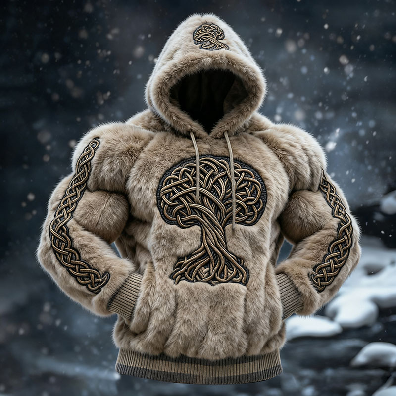 Men's Viking Tribal Jacquard With Tree Of Life Inspired Muscle Line Art Plush Warm Hoodie elevenforest