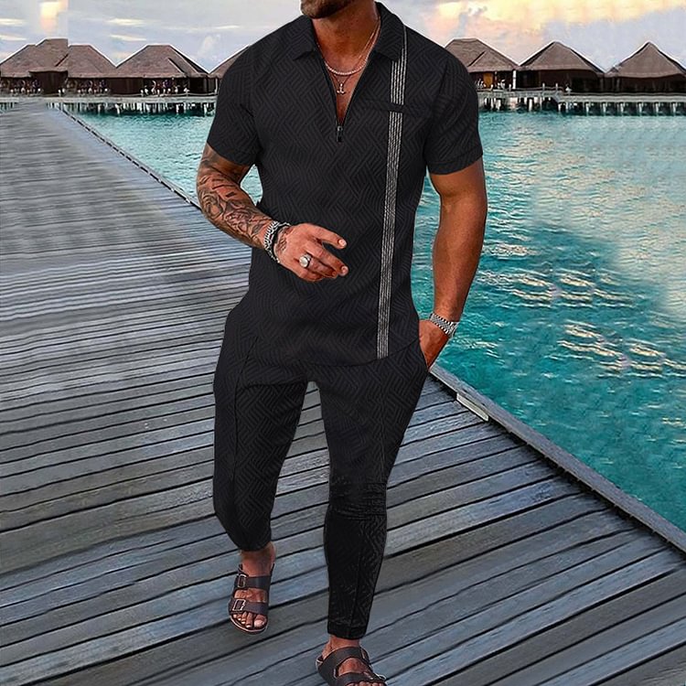 BrosWear Men's Short Sleeve Polo Shirt And Pants Two Piece Set