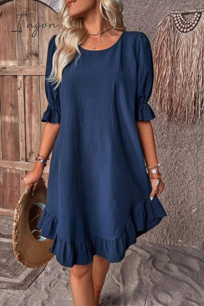 Ingvn - Casual Simplicity Solid Asymmetrical O Neck A Line Dresses Deep Blue / S Dresses/Casual