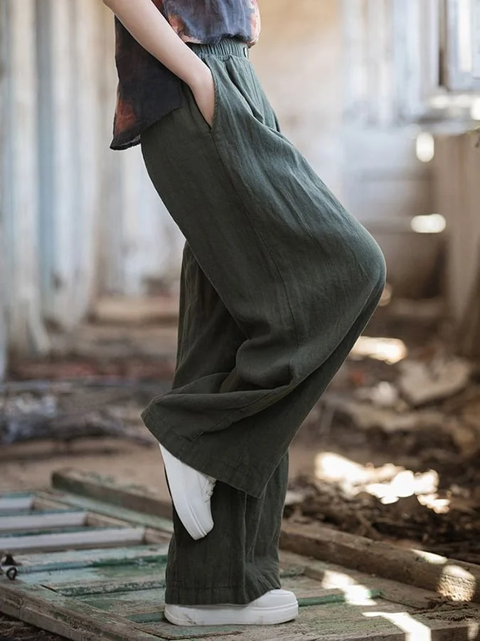 Women's Solid Color Loose Elastic Waist Casual Cotton And Linen Pants