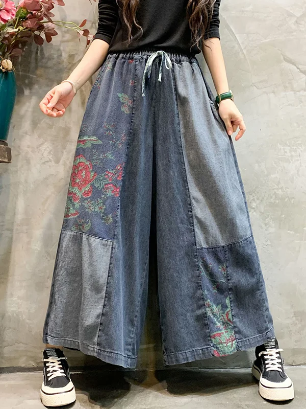 Casual Wide Leg Roomy Elastic Waist Stamped Color-Block Jean Pants Bottoms