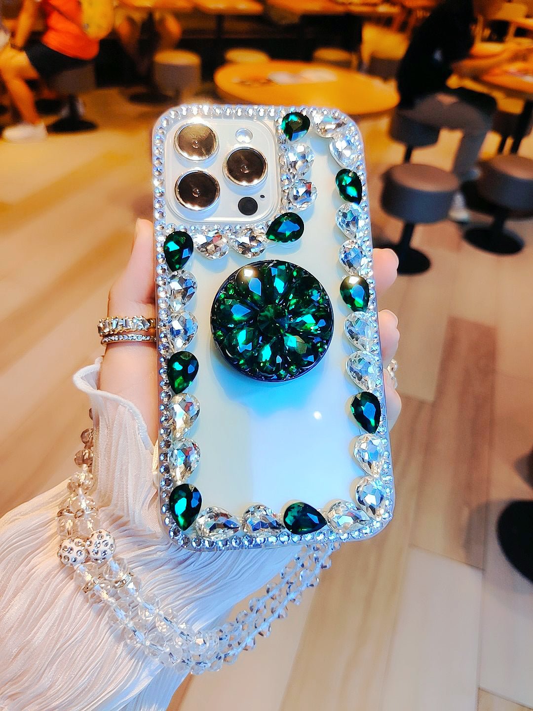 Fashion Bling Diamond Crystal Holder Stand Clear Case With Beads Lanyard for iPhone