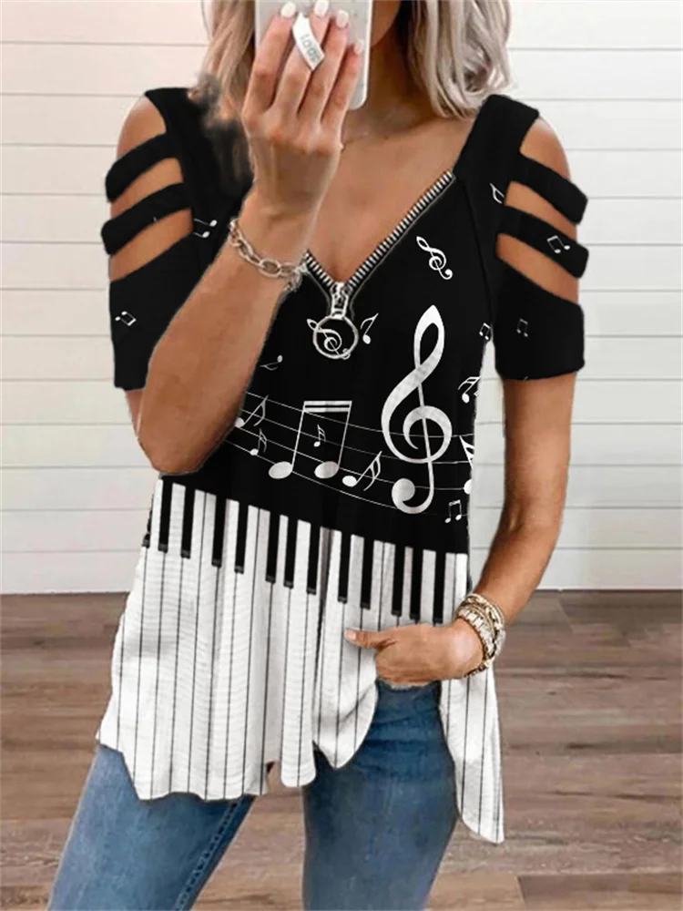 Music Notes Piano Contrast Hollow Shoulder T Shirt
